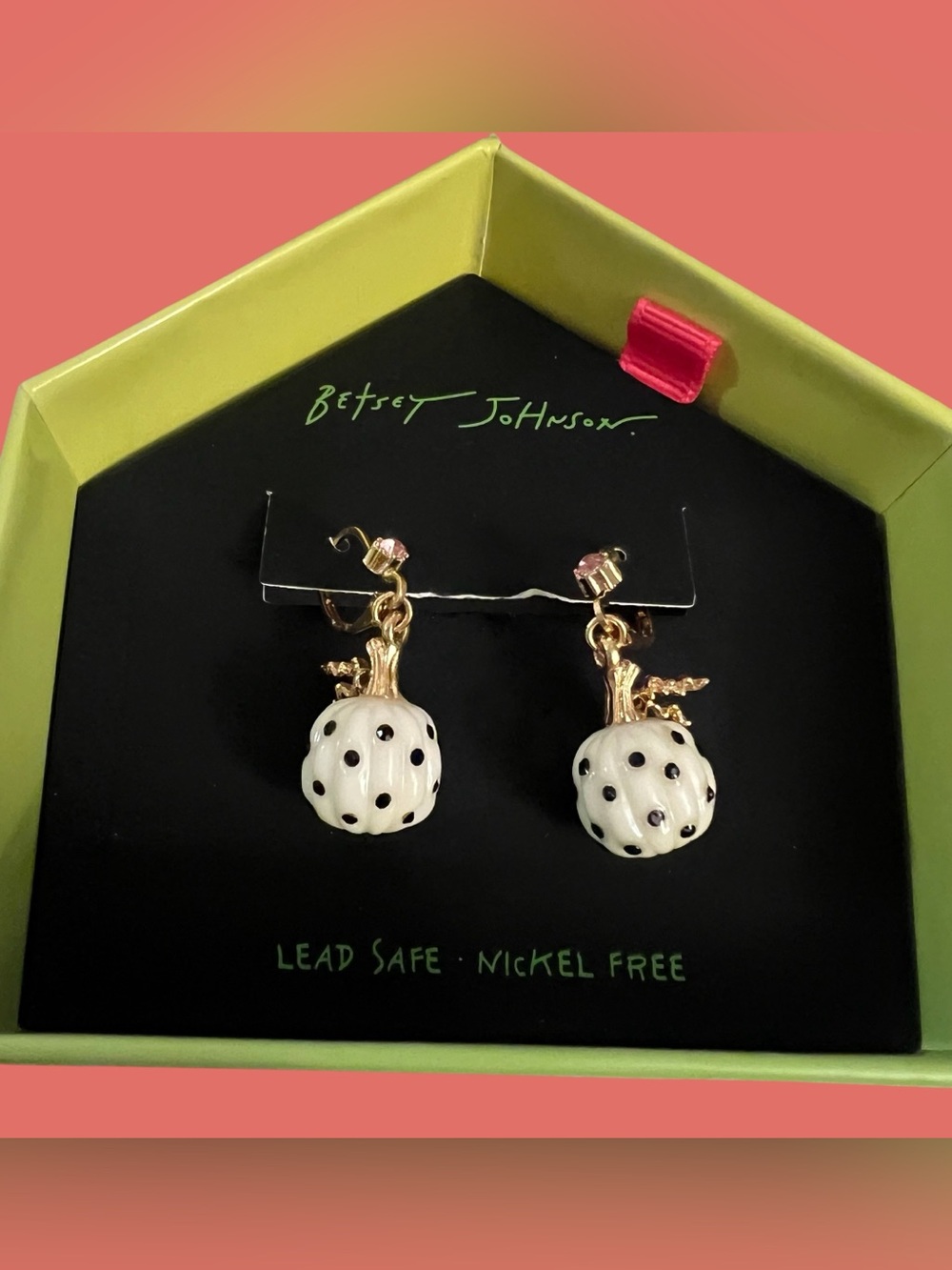 Betsey Johnson White Enamel Black Polka Dot Pumpkin Drop Earrings